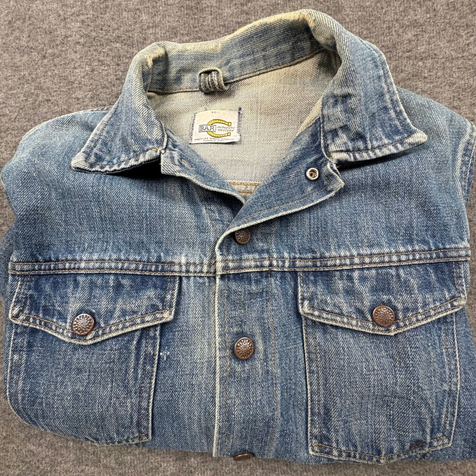 Vtg. Bar C Authentic Western Denim Trucker Jacket Distressed W/ Age *No Size Tag